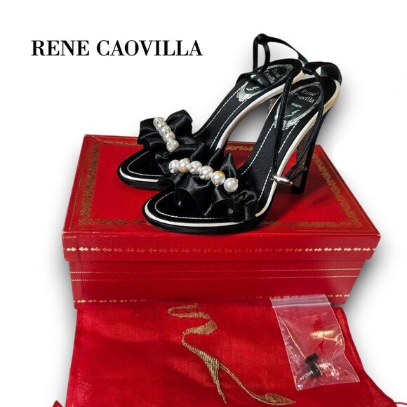Rene Caovilla Black Ruffle Pearls Open Toe Strappy High Heels & Box Size EU/US 5 - Picture 1 of 14